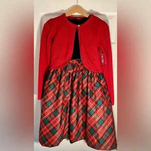 Girls Gymboree Red Tartan Plaid Christmas Dress + Red Ruffle Cardigan Size 12